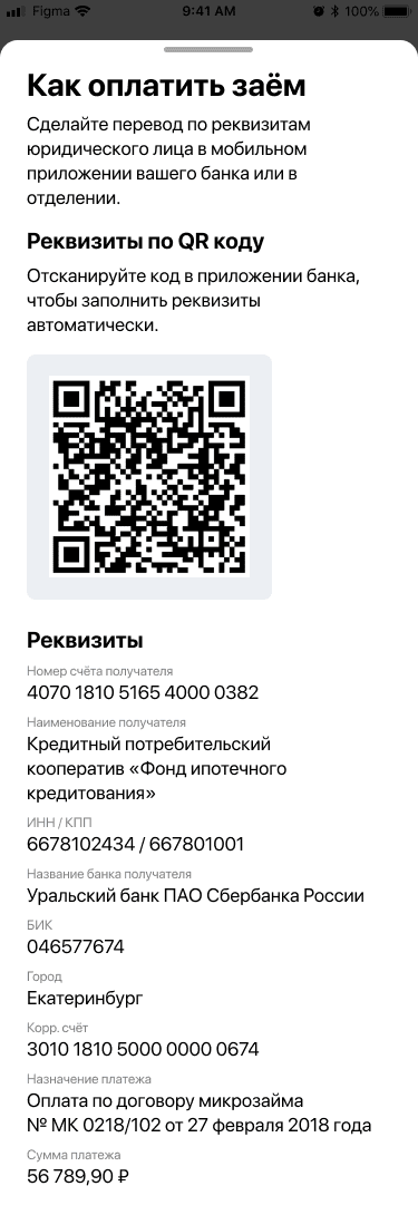 Скриншот реквизитов платежа